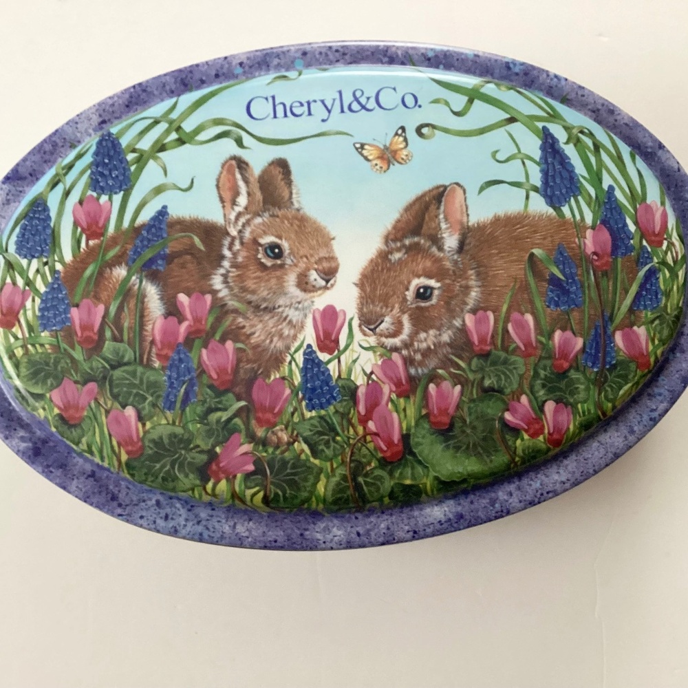 Vintage Cheryl’s & Co Oval Tin With Rabbits Bunny Flowers On Lid Made in England